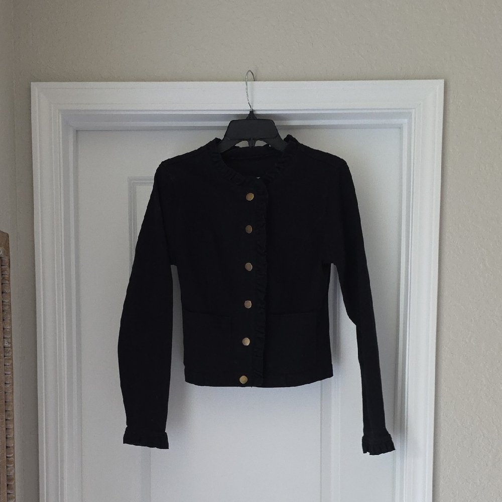 Draper James Black Denim Ruffle-Trim Blazer